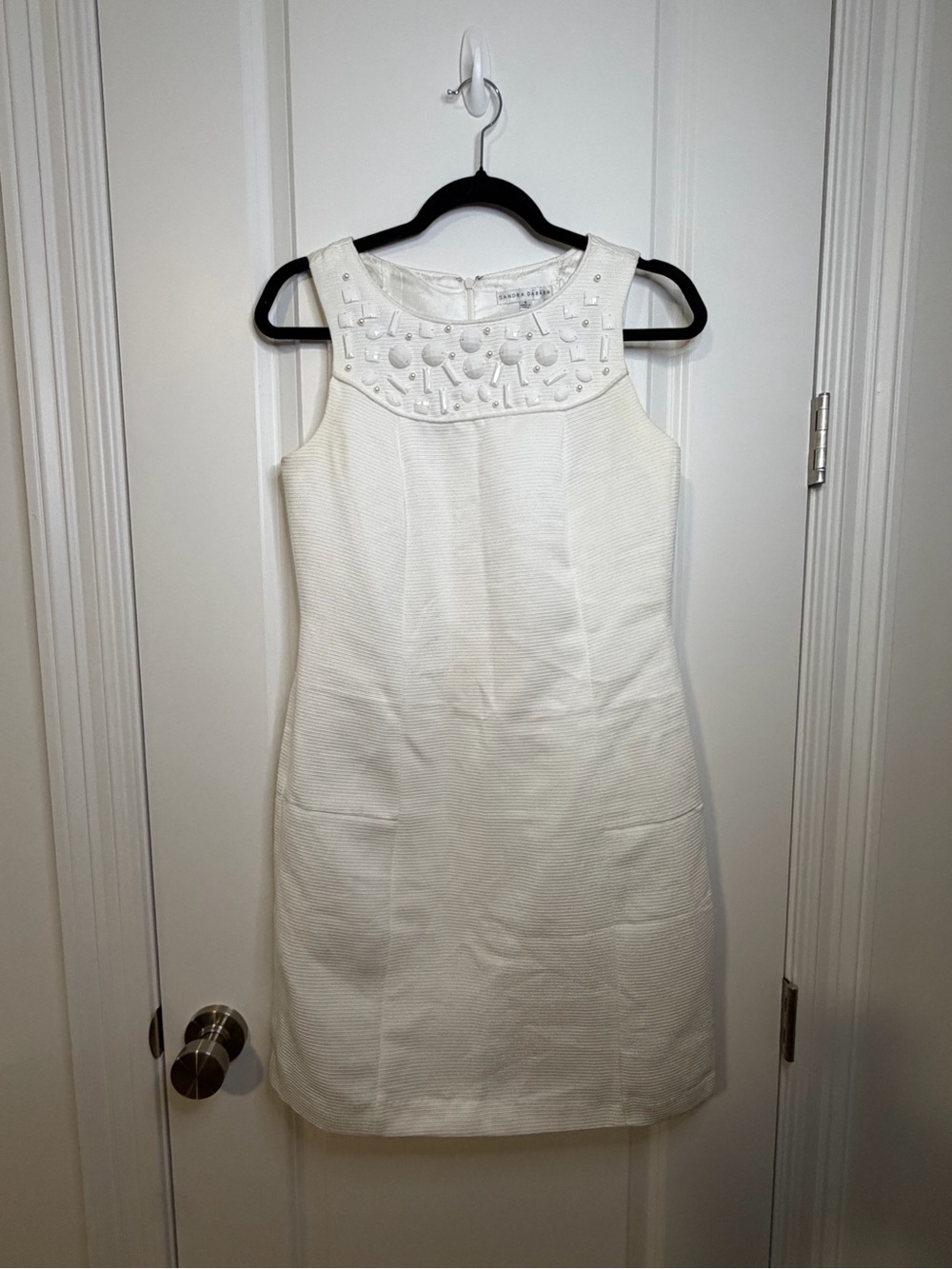 Sandra Darren White Beaded Yoke Sleeveless Shift Dress